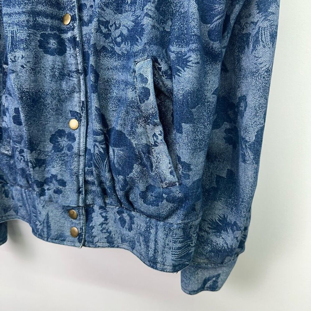Learsi Women’s Vintage Hawaiian Hibiscus Floral Puff Sleeve Snap Jean Jacket - Picture 11 of 11